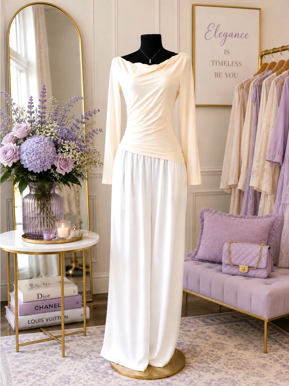 Elegant Long Draped Ivory Colored Slacks w/Elastic Waistline and Side Pockets